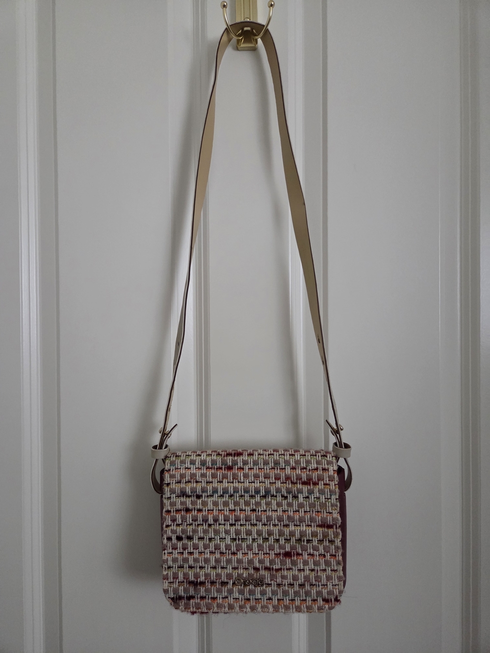 Obag O Pocket Womens Tweed Multicolor On Burgundy Crossbody Bag Purse Italy